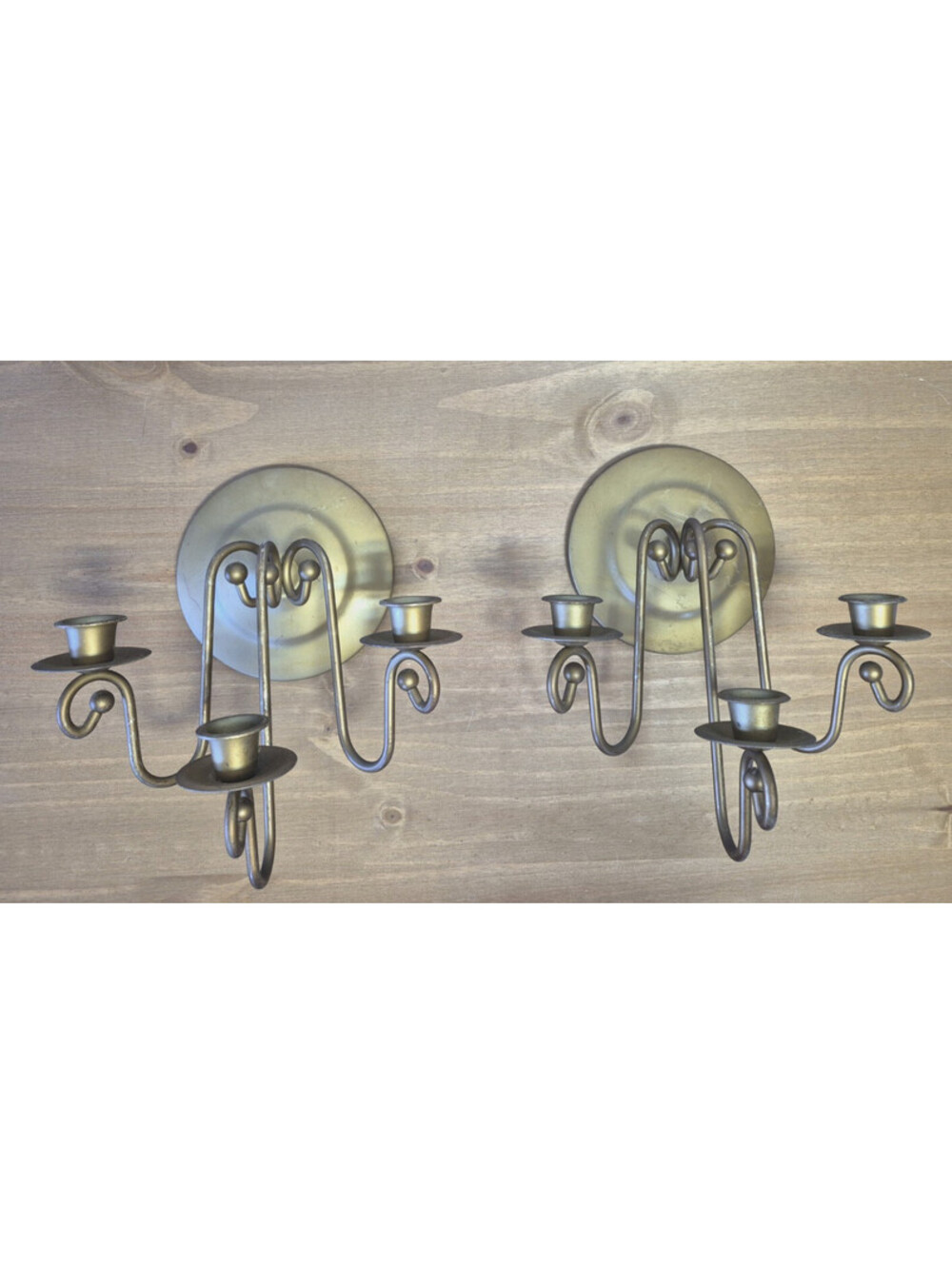 Set of 2 Vintage gold Brass Candle Holder ~ 3 Arm hanging Wall Sconce ~ Scroll